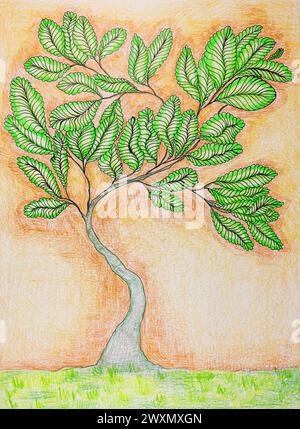 Albero della vita con belle foglie su sfondo arancione. La tecnica di taglio vicino ai bordi offre un effetto di messa a fuoco morbido a causa della superficie alterata r Foto Stock