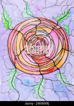 Rosa neurografica con foglie su un cielo blu. La tecnica di taglio vicino ai bordi offre un effetto di messa a fuoco morbido a causa della rugosità alterata della superficie Foto Stock