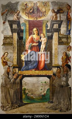 Madonna col bambino in trono con quattro confratelli adoranti - affresco staccato - pittore ferrarese degli inizi del XVI secolo - cento (Fe) Pinac Foto Stock