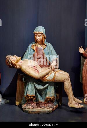 particolare da "Cristo in Pietà sorretto dalla Vergine tra S. Giovanni,Maria Maddalena e due Marie" - legno policromo - scultore veneto della seco Foto Stock