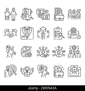 Set di icone nere della riga del colloquio di lavoro. Segni per pagina Web, app mobile, pulsante, logo. Pulsante isolato vettore. Traccia modificabile. Illustrazione Vettoriale