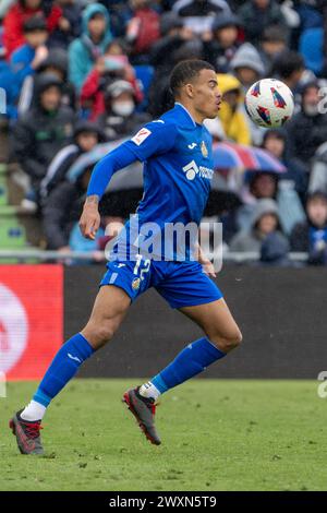 Madrid, Spagna. 30 marzo 2024. GETAFE, SPAGNA - MARZO 30: Greenwood del Getafe CF guarda durante la partita LaLiga EA Sports tra il Getafe CF e il Sevilla FC al Coliseum Alfonso Perez il 30 marzo 2024 a Getafe, Spagna. (Foto di Pablo Moreno/Pacific Press/Sipa USA) credito: SIPA USA/Alamy Live News Foto Stock