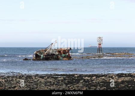 Il relitto del Sovereign (BF380), un peschereccio registrato a Banff che si arenò sulle rocce del porto di Cairnbulg nel 2005, Scozia Regno Unito Foto Stock