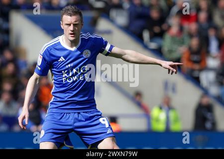 Leicester lunedì 1 aprile 2024. Jamie Vardy di Leicester City durante la seconda metà della partita del Campionato Sky Bet tra Leicester City e Norwich City al King Power Stadium di Leicester lunedì 1 aprile 2024. (Foto: John Cripps | mi News) crediti: MI News & Sport /Alamy Live News Foto Stock