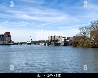 il pittoresco panorama si dispiega sul fiume, catturando il ponte Prins Clausbrug e il fiorente sviluppo abitativo di Stadswerven a Dordrecht, EPI Foto Stock