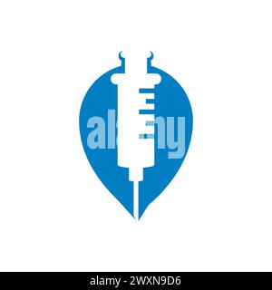 Icona pin mappa medica siringa, puntatore mappa, illustrazione vettoriale. Icona puntatore a spillo della mappa di posizione dell'iniezione di vaccinazione. Elemento del punto della mappa per la c. Mobile Illustrazione Vettoriale
