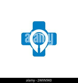 Design vettoriale del logo del mirino della mappa a croce medico. Icona ospedale medico e lente di ingrandimento logo design in spazio negatve Illustrazione Vettoriale