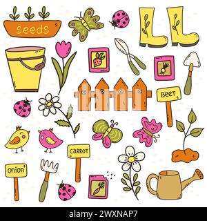 Set di elementi elastici per orto. Semi per piantine, stivali di gomma e lattine da irrigazione, farfalle e coccinelle, recinzioni e margherite. Colorato Illustrazione Vettoriale