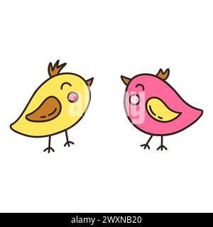 Due graziosi uccelli di colore giallo e rosa. Illustrazione vettoriale isolata in stile doodle disegnato a mano. Primavera ed estate. Un paio di uccelli in lov Illustrazione Vettoriale