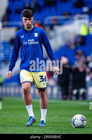 Birmingham, Regno Unito. 1 aprile 2024; St Andrews, Birmingham, West Midlands, Inghilterra; EFL Championship Football, Birmingham City contro Preston North End; Josh Seary di Preston North End credito: Action Plus Sports Images/Alamy Live News Foto Stock