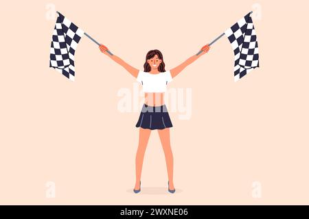 Una donna che tiene in mano le bandiere da corsa annuncia l'inizio di una competizione estrema per i piloti di auto sportive Illustrazione Vettoriale