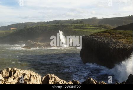 Vista dal punto panoramico Punta Radon verso una zona vicino alla spiaggia Playa de Los Curas, Spagna, Aturias, comune di Llanes Foto Stock