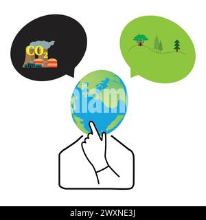 Personaggio di una persona con il globo terrestre invece la testa e due bolle di discorso, una con alberi verdi e l'altra con emissioni di co2 dalla fabbrica Illustrazione Vettoriale