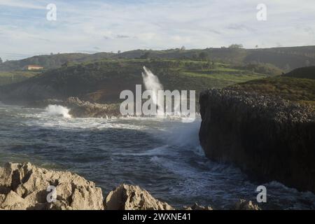 Vista dal punto panoramico Punta Radon verso una zona vicino alla spiaggia Playa de Los Curas, Spagna, Aturias, comune di Llanes Foto Stock