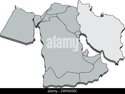 Mappa d'argento DELL'IRAN all'interno di una mappa in grigio scuro del Medio Oriente Illustrazione Vettoriale