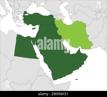 Mappa verde chiaro DELL'IRAN all'interno evidenziata mappa verde scuro del Medio Oriente Illustrazione Vettoriale