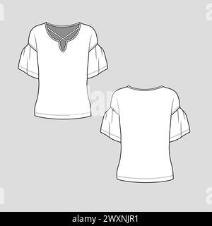 Donna campanello manica Criss collo a croce blusa top t shirt disegno tecnico disegno vettoriale Illustrazione Vettoriale