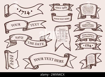 Striscioni a nastro. Etichetta disegnata a mano in stile retrò, vecchi elementi flag linea, cornici a scorrimento forme antiche. Copia spazio per il testo. Emblema ed etichetta decorativa. Cartelloni vecchi nastri. Set isolato con design antico vettoriale Illustrazione Vettoriale