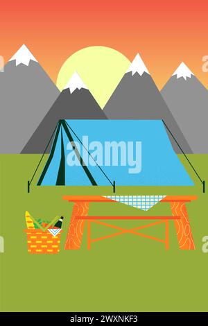 Tenda da campeggio. Turismo escursionistico. Avventura in montagna. Tavolo in legno e cestino da picnic. Paesaggio all'alba. Campeggio vuoto nel prato. Natura selvaggia. Viaggi estivi. Tour scout. Picchi rocciosi. Banner piatto vettoriale Illustrazione Vettoriale