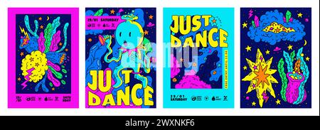Poster astratti. Solo ballare. Elementi artistici semplici e divertenti in uno stile estivo per bambini. Design psichedelico dei cartoni animati. Evento musicale. Fiori e foglie surreali. Festa in discoteca. Set vettoriale di banner colorati alla moda Illustrazione Vettoriale