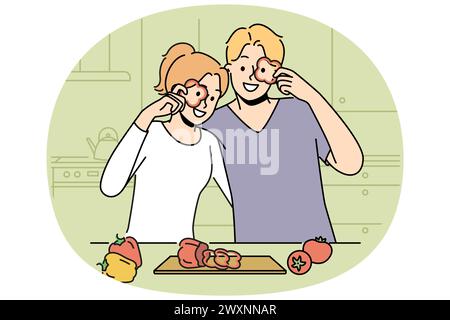 Coppia sorridente che taglia le verdure nella cucina domestica che prepara il cibo insieme. Buon uomo e donna che cucinano il fine settimana. Cucina e preparazione dei pasti. Illustrazione vettoriale. Illustrazione Vettoriale