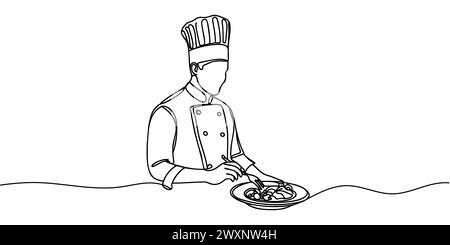 Uno chef versa i condimenti al piatto e prepara la decorazione. Disegno continuo su una linea. Illustrazione vettoriale. Illustrazione Vettoriale