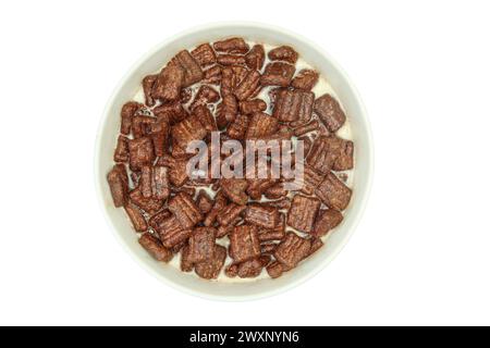 Recipiente pieno di latte e cereali al cioccolato isolati su sfondo bianco Foto Stock