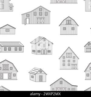 Struttura senza cuciture dei granai. Contorno bianco e nero di case in legno su sfondo bianco Illustrazione Vettoriale