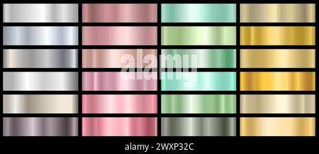 Una serie di gradienti metallici colorati. Effetti per la progettazione di testi e bacheche, infografiche. Illustrazione Vettoriale