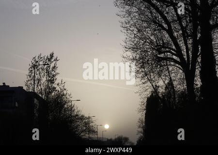 Budapest, Ungheria. 1 aprile 2024. Polveri sahariane pericolosamente alte particelle di aerosol in tutto il paese, la riva del Danubio a Roma è quasi estinta. Crediti: Ilona Barna BIPHOTONEWS/Alamy Live News Foto Stock