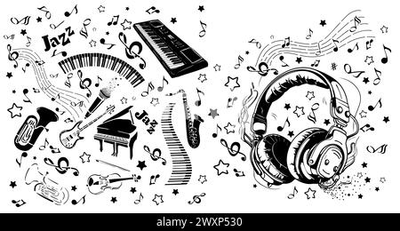 Design musicale. Musica astratta. Cuffie e note. Strumenti musicali. disegno a mano. Non IA. Illustrazione vettoriale Illustrazione Vettoriale