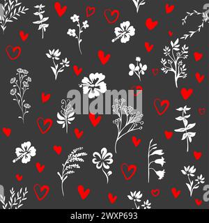 Motivo senza cuciture di piccoli cuori e fiori rossi. Con amore. disegno a mano. Non IA. Buon San Valentino. Illustrazione vettoriale Illustrazione Vettoriale