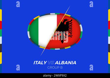 Icona della partita di calcio Italia-Albania per il Torneo europeo di calcio 2024, contro icona nella fase a gironi. Icona vettoriale. Illustrazione Vettoriale