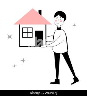 Mutuo. Uomo che tiene la casa. Doodle Illustrazione Vettoriale