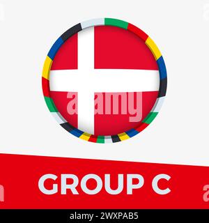 Bandiera della Danimarca stilizzata per il torneo europeo di calcio 2024. Icona della bandiera circolare. Illustrazione Vettoriale