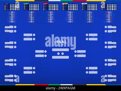 Calendario delle partite della competizione calcistica europea, tutte le partite, tempo e luogo. Bandiere europee dei partecipanti al torneo di calcio. Vettore te Illustrazione Vettoriale
