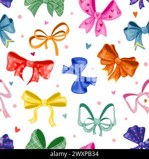 Nastri decorativi e fiocchi motivo senza cuciture. Cravatte per scatole regalo. Elementi per le vacanze. Oggetti ripetuti. Nodi colorati. Regali di compleanno. Elegante raso Illustrazione Vettoriale