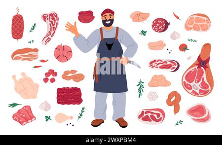 Macellaio di cartoni animati con carne. Gastronomia di carne di fattoria. Uomo in grembiule con coltello. Prodotti di origine animale. Prosciutto o salsicce. Pancetta di maiale. Costolette e filetto freschi Illustrazione Vettoriale