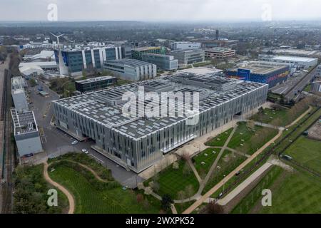 Vista aerea del sito Sky Studios (Sky Osterley) a Isleworth, Regno Unito. Foto Stock