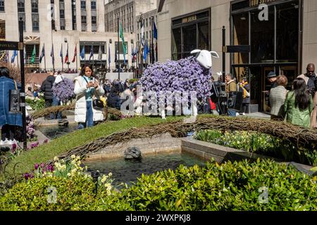 La mostra pasquale al Rockefeller Center ha caratterizzato decorazioni floreali di agnello nei Channel Gardens, 2024, New York City, USA Foto Stock