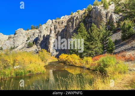 scogliere sopra il grande sheep creek in autunno vicino a dell, montana Foto Stock