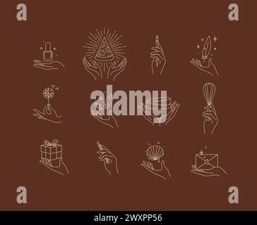 Mani con smalto per unghie, pizza, penna, inchiostro, piuma, dente di leone, cristallo, ciotola, piatti, frusta, disegno lineare di scatole, matite, conchiglie, buste Illustrazione Vettoriale