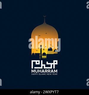 Design del capodanno islamico con vista sulla moschea e sugli uccelli di sera Illustrazione Vettoriale