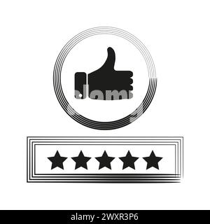Icone feedback positivo e valutazione. Approvazione thumbs-up, emblema di revisione a cinque stelle. Illustrazione vettoriale. EPS 10. Illustrazione Vettoriale