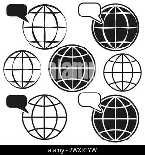 Set di icone di comunicazione globale. Bolle di discorso e globi mondiali. Illustrazione vettoriale. EPS 10. Illustrazione Vettoriale