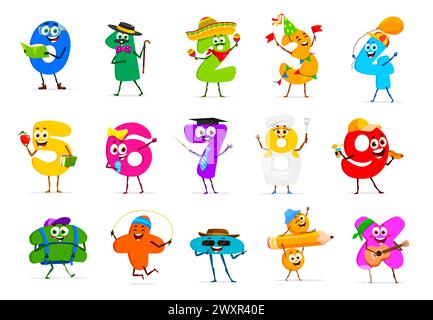 Cartoni animati Funny Math Number Characters. Cifre carine e matematica indicano personaggi con volti felici e sorrisi. Numeri colore, addizione, sottrazione A. Illustrazione Vettoriale