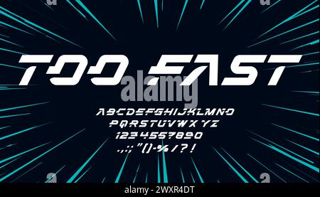 Carattere Speed sport, tipo tecnologico dinamico veloce, carattere di gioco moderno, alfabeto inglese urbano astratto. Lettere, numeri e segni vettoriali abc in futuro, stile tecnologico con effetto movimento auto da corsa Illustrazione Vettoriale