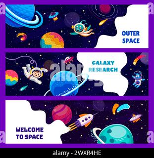 Banner spaziali Galaxy. Astronauta, pianeti spaziali e stelle, ufo e alieni. I segnalibri vettoriali dei cartoni animati o le carte orizzontali con un simpatico cosmonauta infantile salgono in volo in assenza di peso, razzi e invasori et Illustrazione Vettoriale