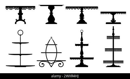 Vassoio di torte per matrimoni o tè, sagome isolate con piedistallo e vassoio. Set vettoriale di tavoli o piatti eleganti neri per frutta e dessert serviti durante eventi e cerimonie festive. Piatti a strati Illustrazione Vettoriale