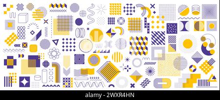 Forme geometriche astratte di memphis e set vettoriale di elementi di pattern moderni. Forme vivaci di memphis con linee eleganti, motivi decorativi punteggiati, cerchi, cubi, triangoli, forme d'onda, frecce e semicerchi Illustrazione Vettoriale